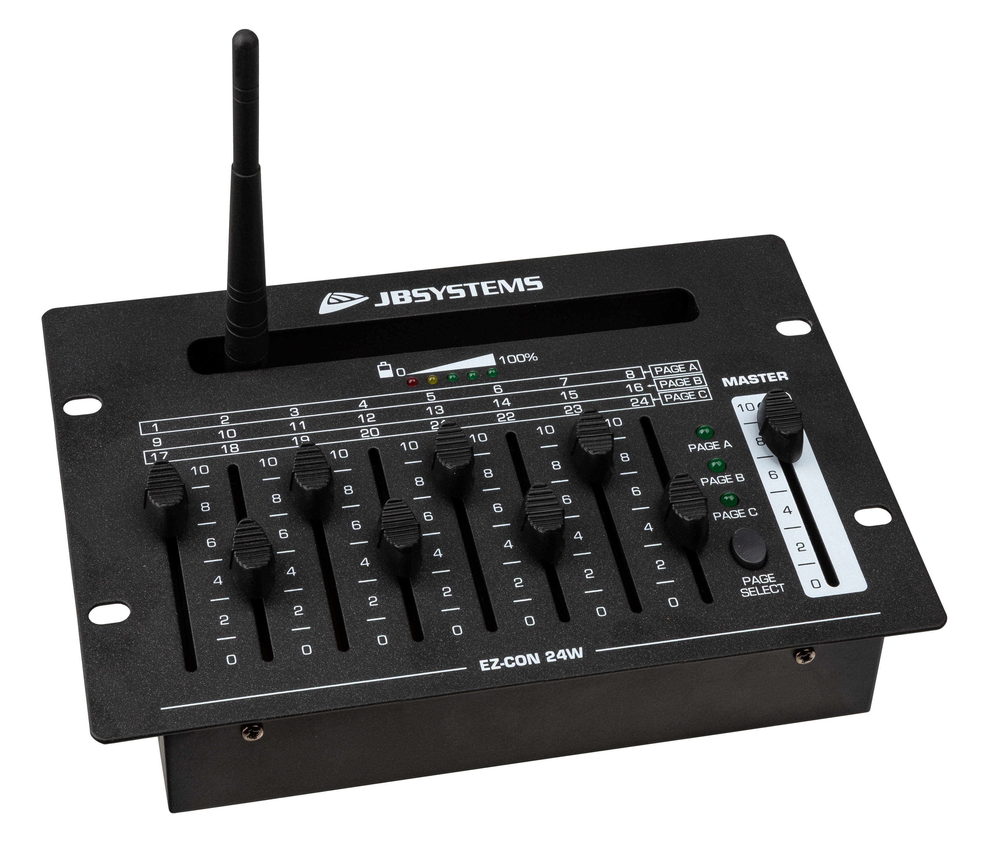 Compact yet versatile, user friendly controller with wireless DMX and battery with 24 DMX channels and 10 hours of autonomy <p hidden>akku accu</p>
